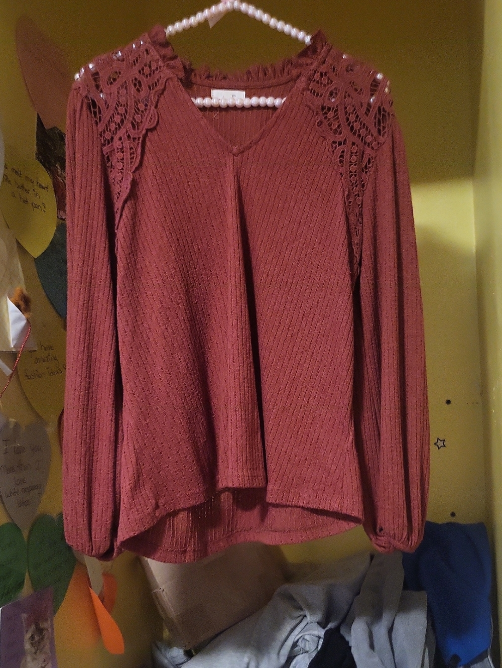 Maurices Rust Lace-Shoulder V-Neck Long Sleeve Top